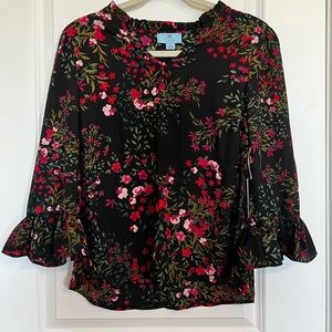 NWT CeCe Black and Pink Floral 3/4 Sleeve Blouse